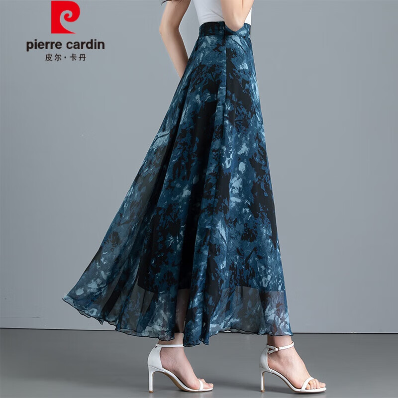 皮爾卡丹（pierre cardin）夏季新款白色印花雪紡半身裙高腰顯瘦大號(hào)a字女裙子大擺跳舞長(zhǎng)裙 J16藍(lán)水墨畫 L 2.2-2.3尺