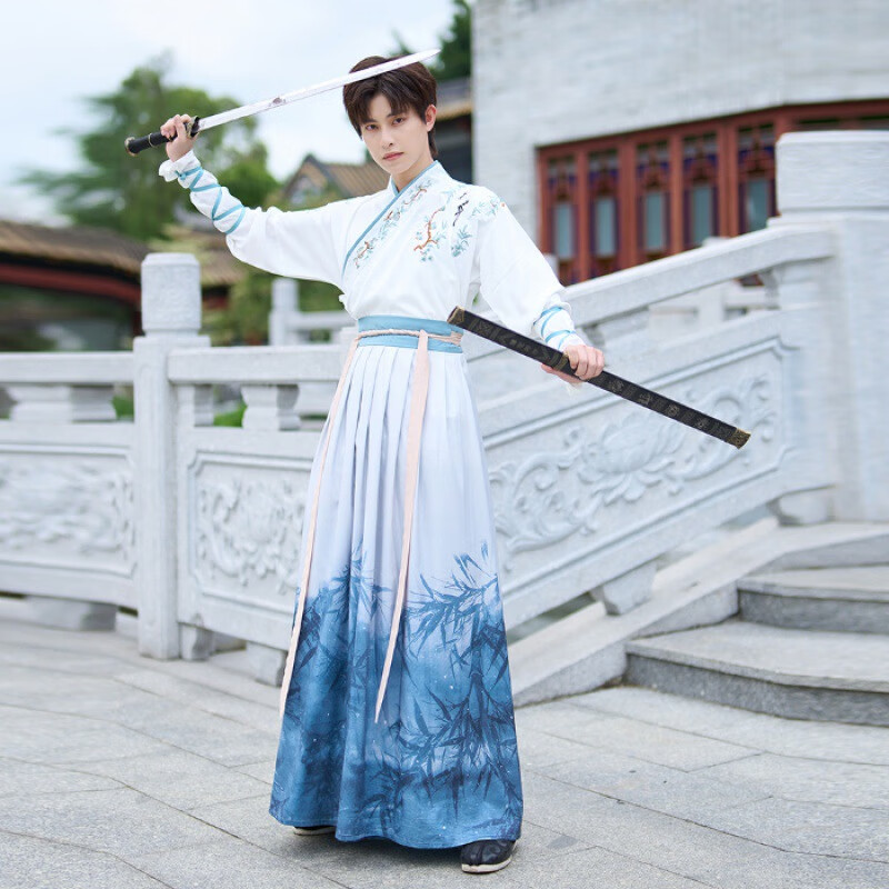 hiewi中国风夏季浅青蓝大码男装古风绣花长袖汉服男士书生公子侠客