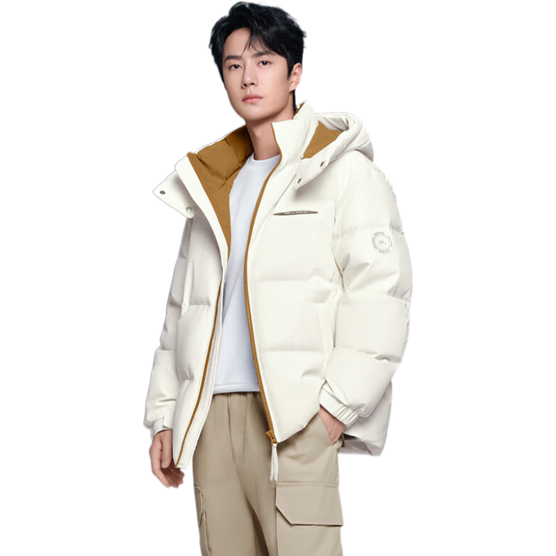 鸭鸭（YAYA）王一博明星同款羽绒服男女情侣同款2025冬季新款短款潮流工装外套 米白色 S (165)