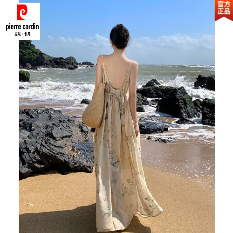 皮爾卡丹（pierre cardin）新中式輕國(guó)風(fēng)碎花吊帶連衣裙夏季新款寬松露背裙子海邊度假沙灘裙 淡雅國(guó)風(fēng) S