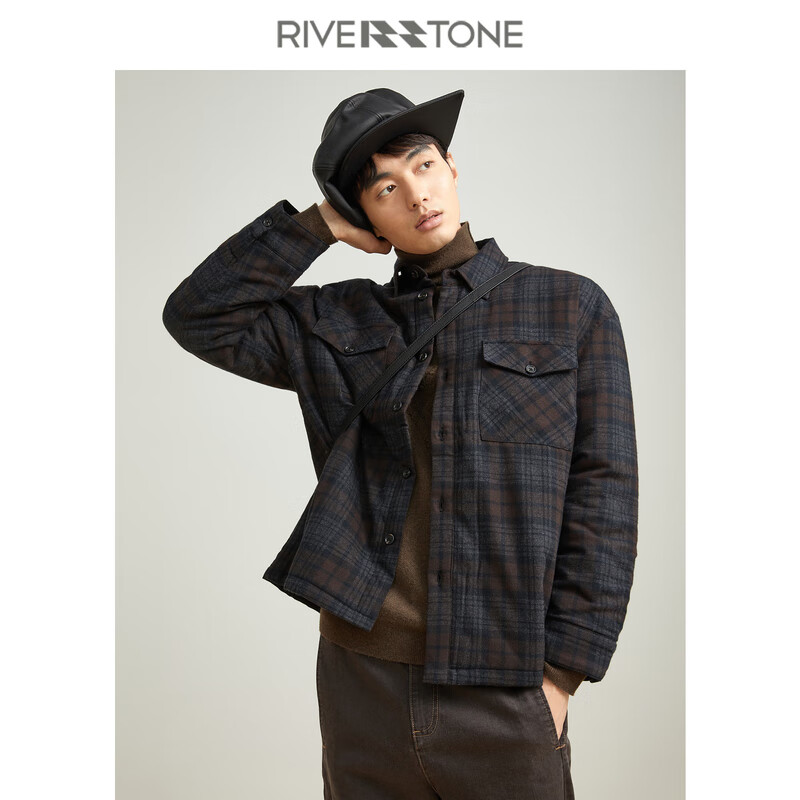 riverstone流石男装休闲宽松格子夹克棉服新款秋冬季男士时尚厚款外套