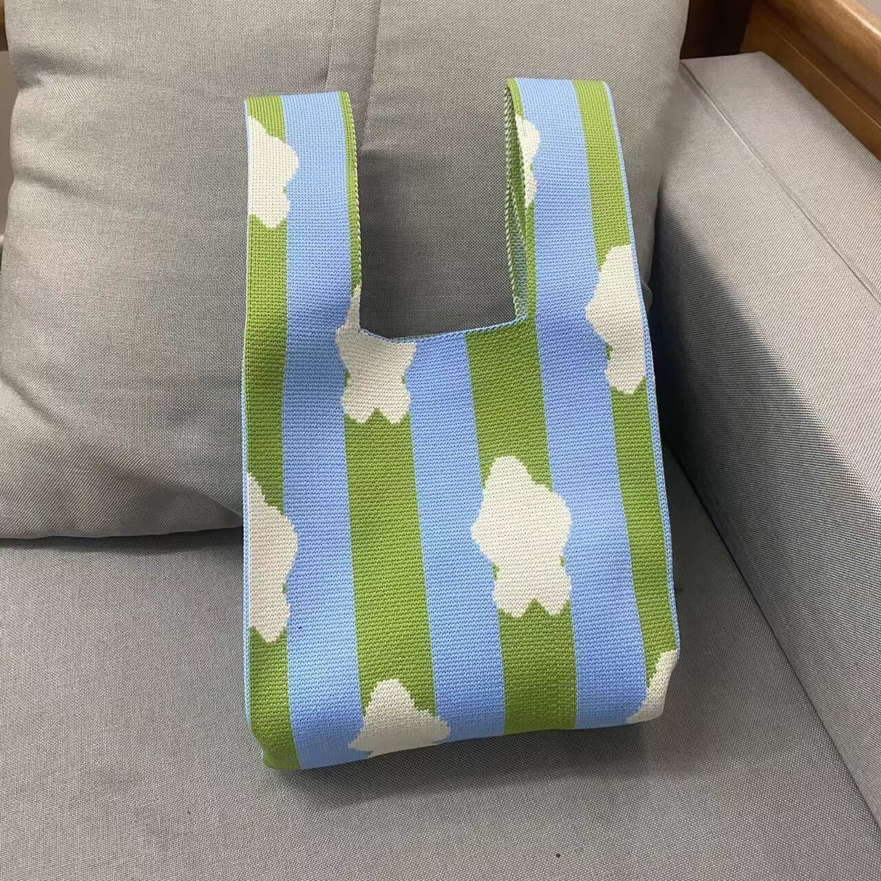 康豆豆可爱手提飞织托特拎包针织包百搭原创小众个性饭盒包敞口潮 针织包条花纹绿蓝