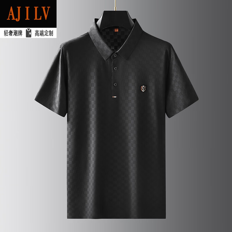 ajilv品牌轻奢男装胖大码特大码翻领暗格子冰丝短袖polo衫男加肥加大
