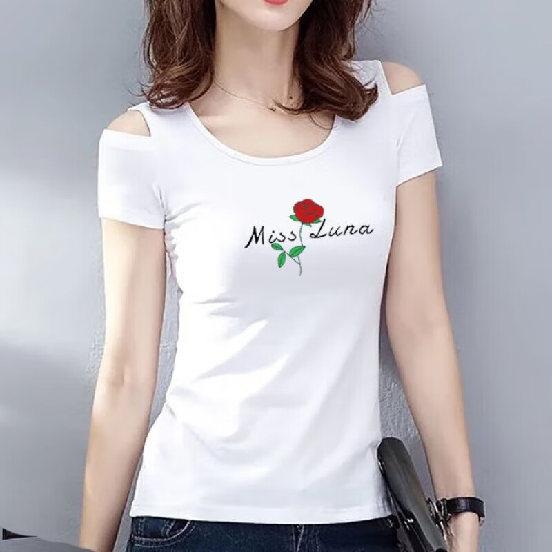 露肩印花短袖t恤女修身韩版大码胖m女士一字领时尚上衣女 白色 玫瑰花