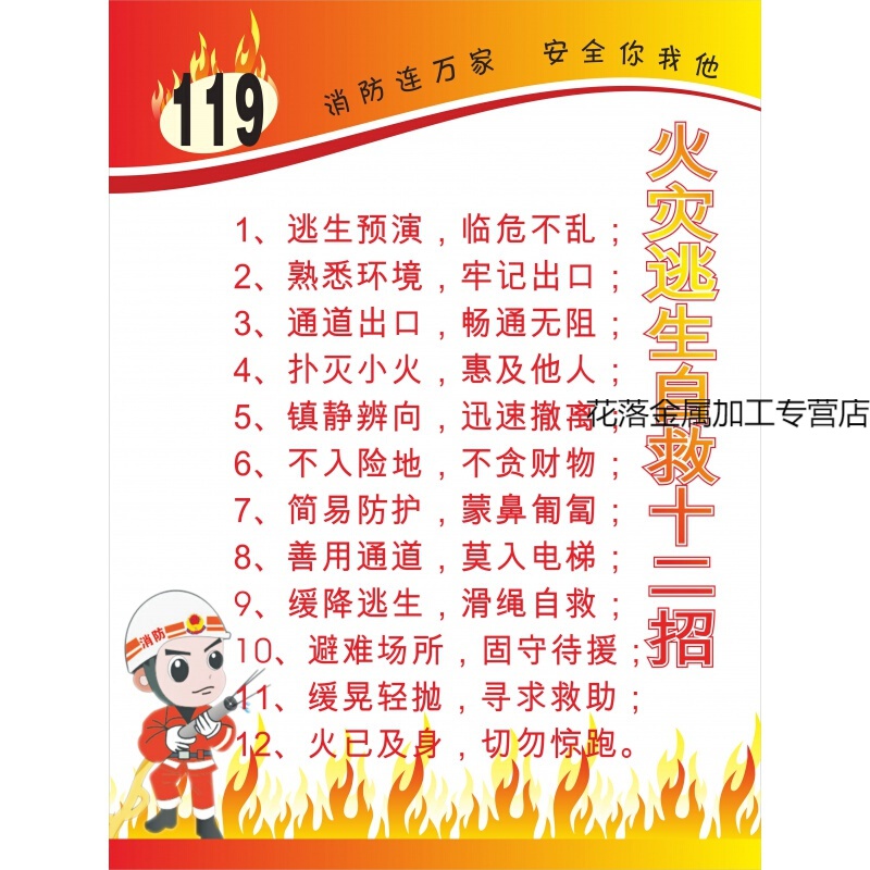 火灾逃生自救十二招海报标贴标识牌警示贴 火灾自救图解标语 救图解