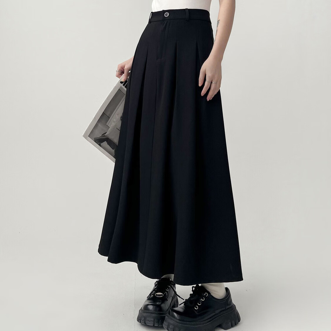 半身裙中长款侧开叉秋冬半身裙复古百褶女春夏季高腰黑 黑色半身裙 s