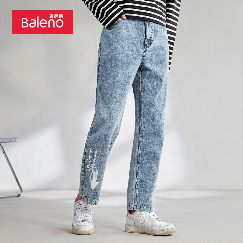 班尼路（Baleno）牛仔裤2021秋季韩版潮流印花水洗牛仔裤宽松休闲男直筒裤 004D牛仔蓝 L