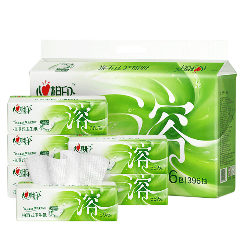 心相印抽纸/平板纸 擦手卫生纸5层66抽6包 xl码抽取式厕纸bdt1066可
