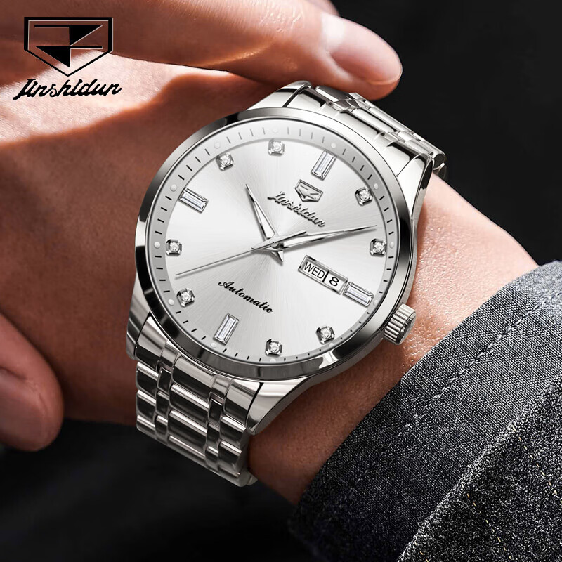 金仕盾瑞士綠水鬼手表男全自动机械表时尚简约双日历钢带腕表金士顿