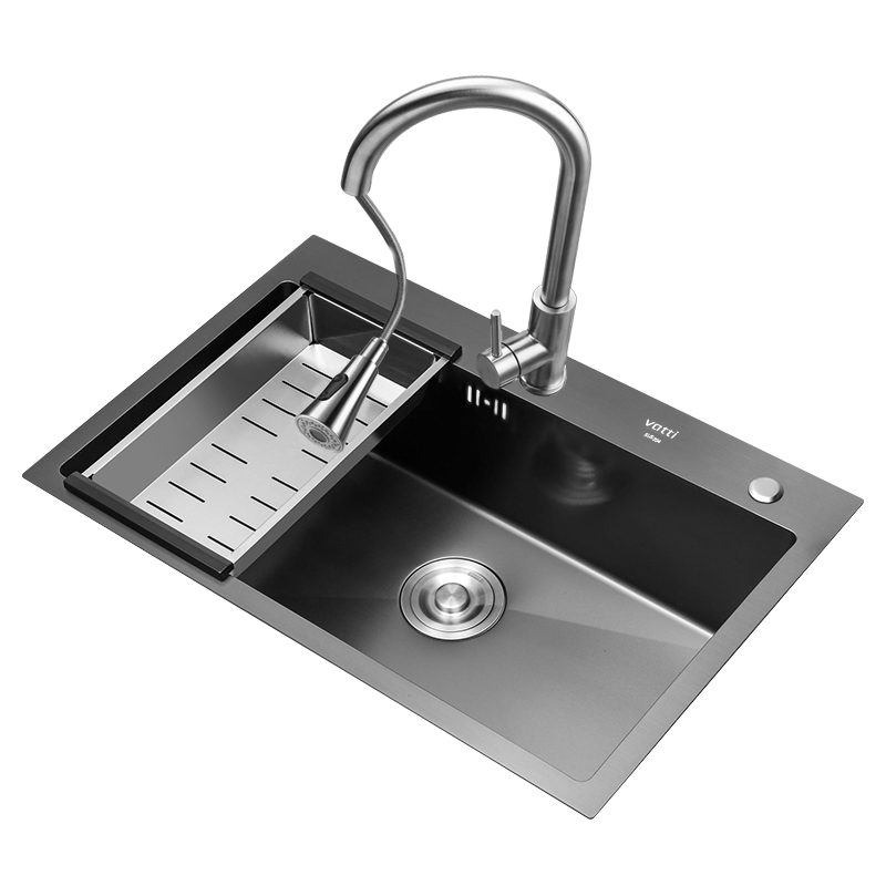 華帝（VATTI）水槽納米廚房大單盤 洗菜盤一體盤洗碗槽洗手盤水池 臺(tái)下上中套裝 【升級(jí)雙階梯】76*42+抽拉龍頭