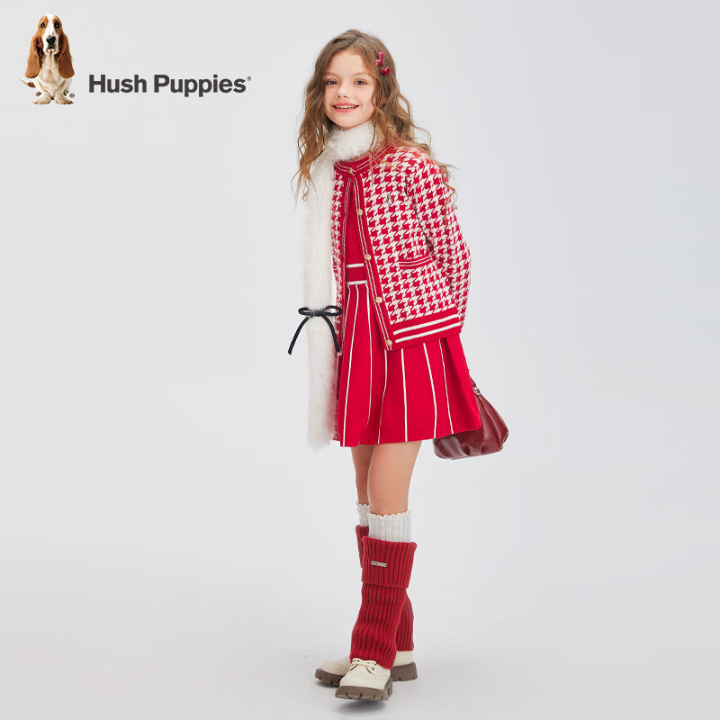 暇步士(Hush Puppies)【经典款】童装儿童女童冬季新款舒适小香风气质开身线衣 珊瑚红 120