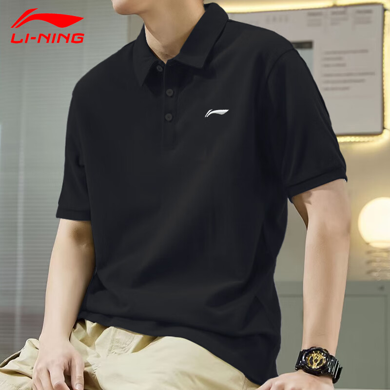 李宁polo衫男士t恤男夏季轻薄透气翻领短袖跑步运动宽松速干休闲半袖 黑色 2XL