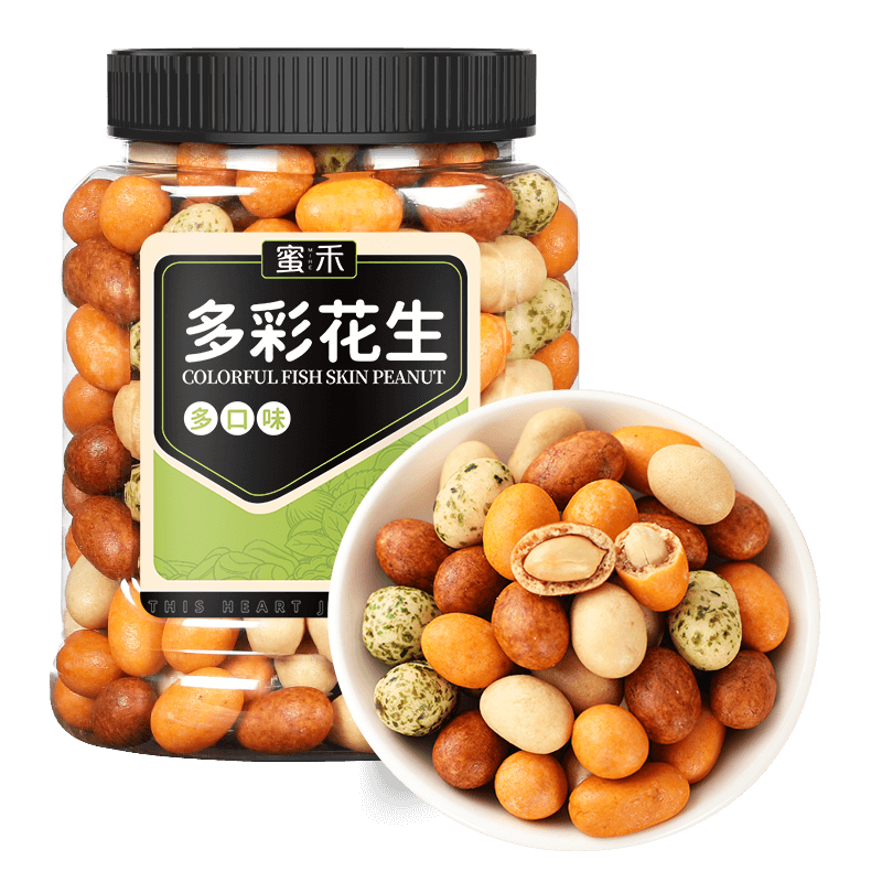 蜜禾多彩魚皮花生豆500g罐裝堅果仁炒貨兒童辦公室休閑解饞充饑小零食