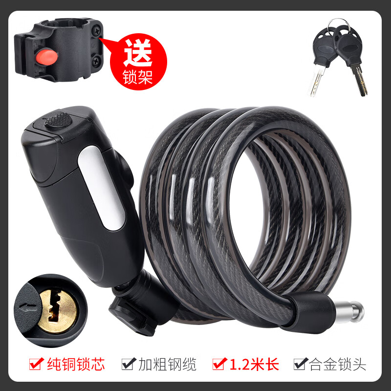 Raybeen自行车锁电动电瓶山地单车固定便携式防盗钢丝链条锁装备配件大全 纯铜锁芯-磨砂黑1.2米钥匙锁带