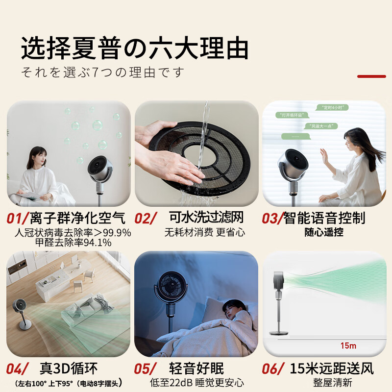 夏普【新品】空气循环扇家用电风扇3D立体摇头落地扇直流变频对流低噪轻音定时伸缩电扇除菌空调扇 【语音升级款】米白色PJ-CD420A-W