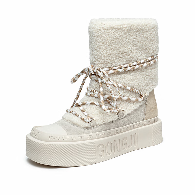 共迹gongji 2025冬季新款加绒雪地靴厚底防滑休闲鞋加厚保暖一脚蹬棉鞋女鞋 柔光白（加绒雪地靴） 36