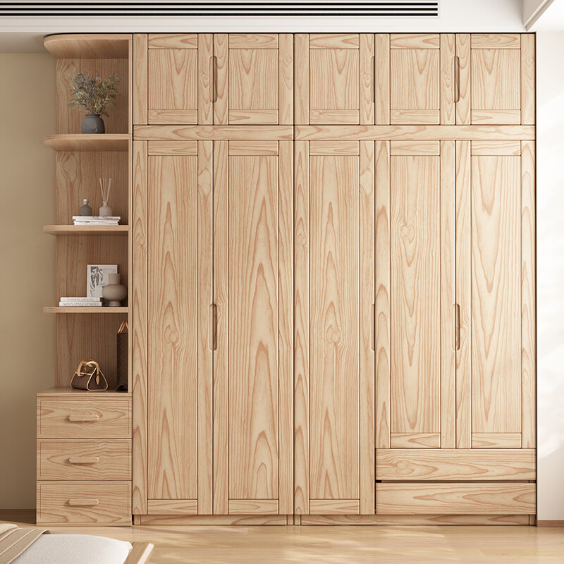 山头林村水曲柳实木衣柜 白蜡木实木衣柜北欧现代四门对开木质家用