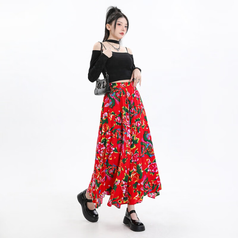 艾莫克2024春季东北大花高腰长款半身裙女胖mm休闲裙子宽松显瘦大摆裙