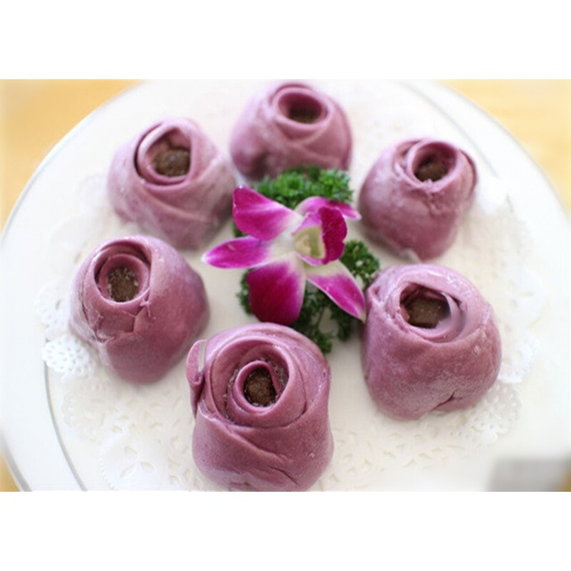 虎钢馋玫瑰紫薯豆沙包子粗粮早餐馒头玫瑰花朵造型喜婚宴酒席甜糕面