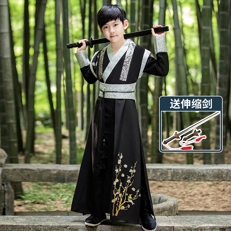 冬装男孩古装冬武侠风公子少爷服儿童国学演出服 黑色侠客【 佩剑】