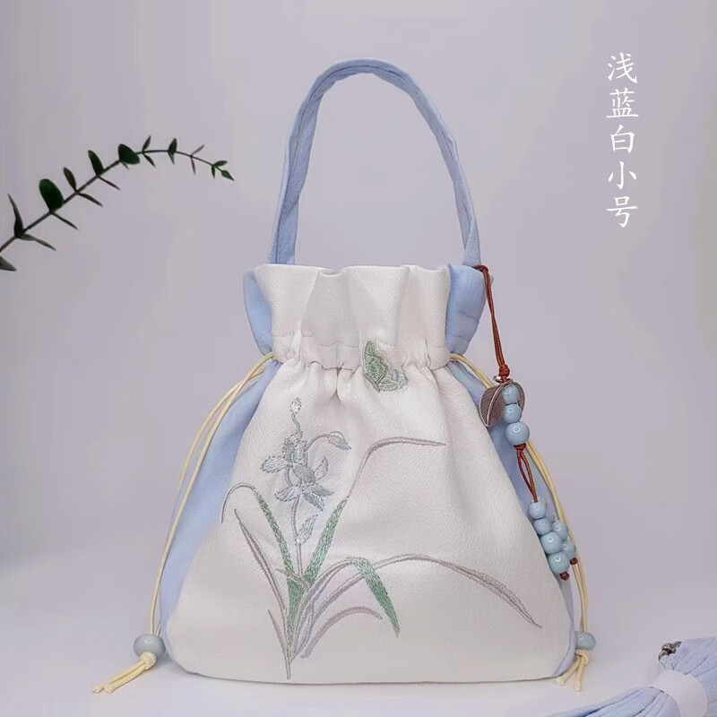 袋鼠国风刺绣古风斜挎手提包抽绳收口手拎包清新文艺汉服简约民族风包