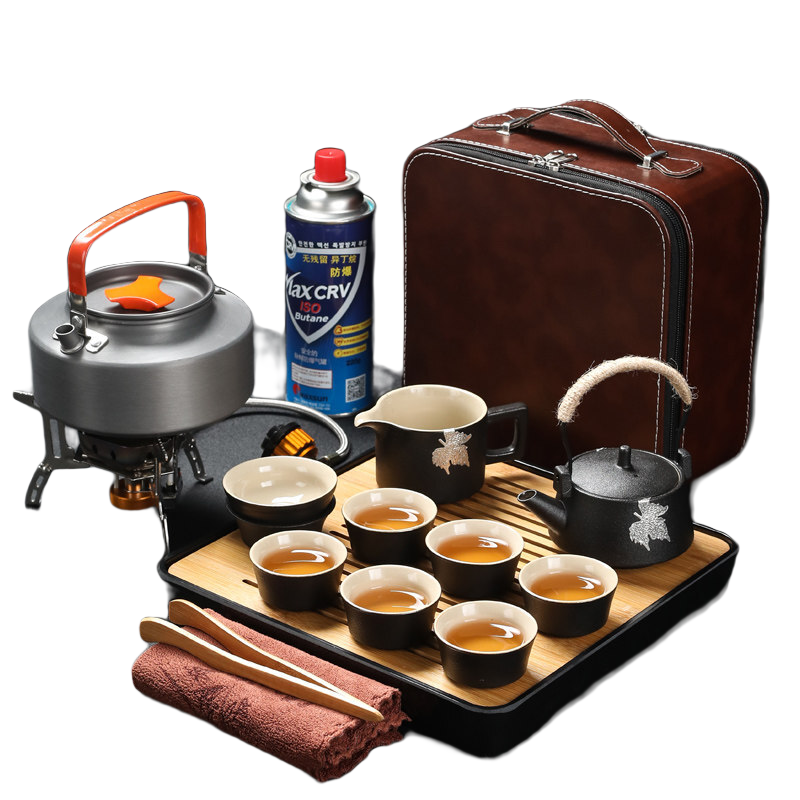 聚晟黑陶户外便携旅行功夫茶具套装泡茶煮茶炉车载烧水壶茶盘简约家用 黑陶提梁茶具-硬皮包 15件
