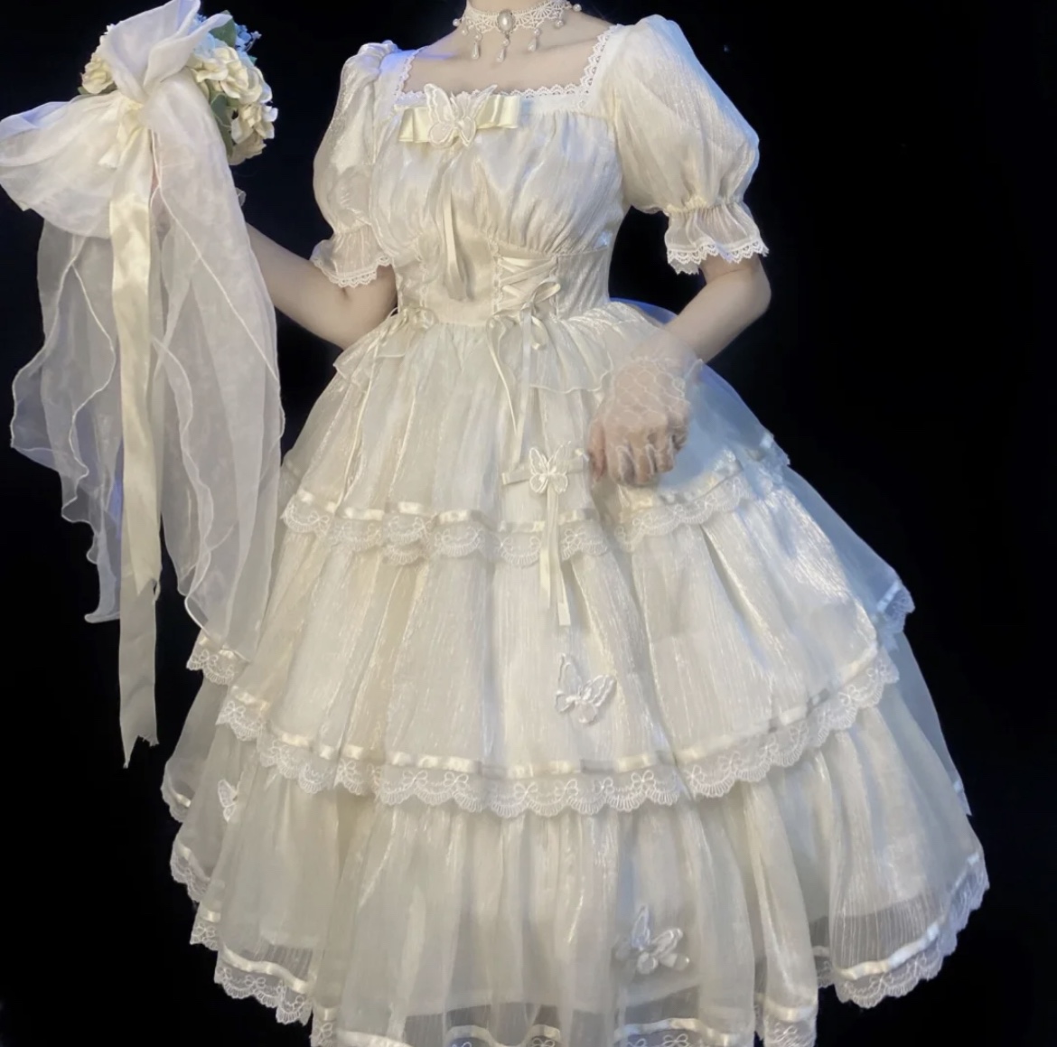 洛丽塔裙子成人全套lolita华丽三段式短袖op优雅花嫁泡泡袖连衣裙甜美
