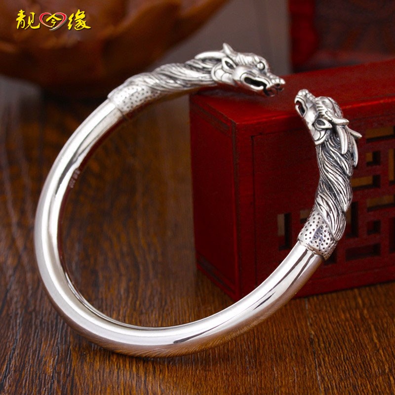 靓今缘 男士龙头银手镯复古时尚银镯子 999足银双龙头手镯潮人百搭