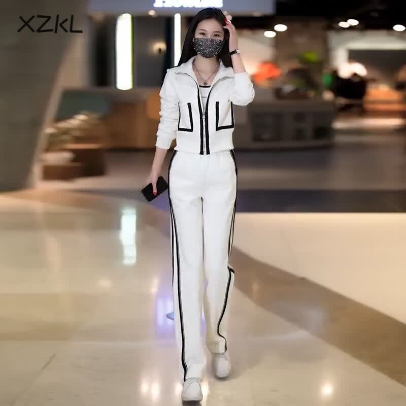XZKL运动服休闲套装女2023春秋冬新款时尚开衫短外套阔腿裤跑步两件套 白色 两件套 L 103-115斤使用感如何?