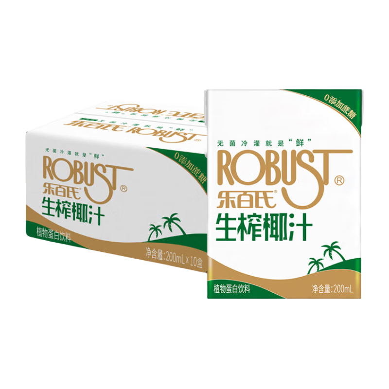 樂百氏（robust） 0添加蔗糖生榨椰汁200ml*10 椰子汁鮮椰肉椰奶咖啡伴侶 0添加椰汁200ml*10