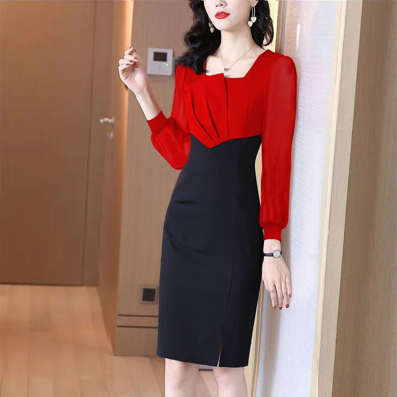 礼服裙女新款高端气质显瘦正式场合连衣裙女减龄黑红拼接高 红色红黑