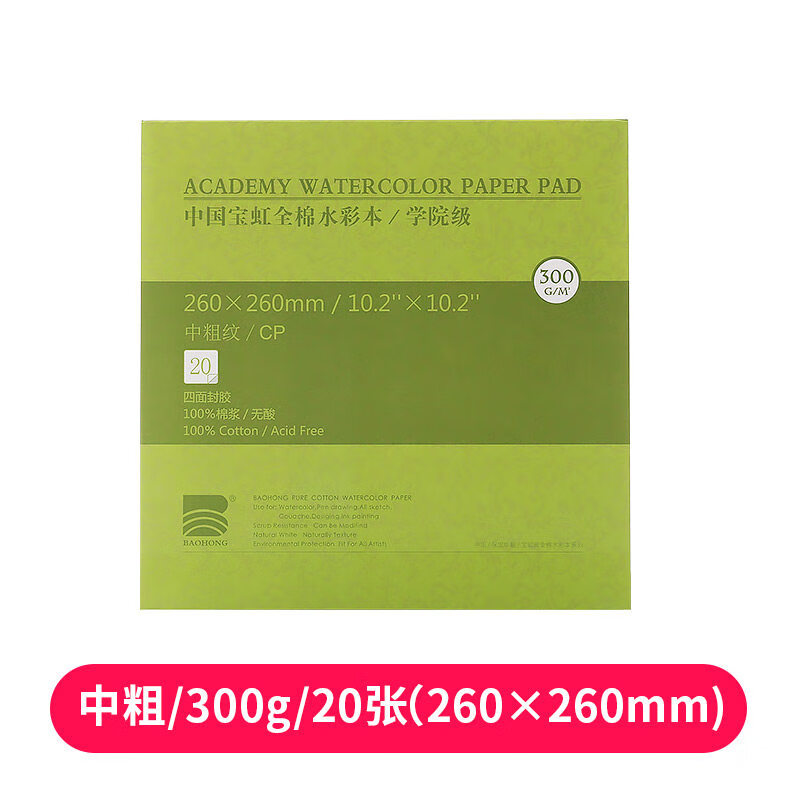 保定宝虹异形全棉纸张水彩本300克学院级棉浆四面封胶水彩纸 随身旅行水彩写生速写本专业手绘美术画画本 正方形（260*260mm）中粗 300克 20张