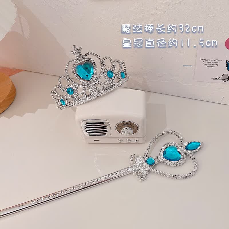 伊莉洛 儿童皇冠头饰水晶发箍小魔仙艾莎公主发卡发饰魔法棒生日礼物 【蓝+粉】皇冠+手杖4件套