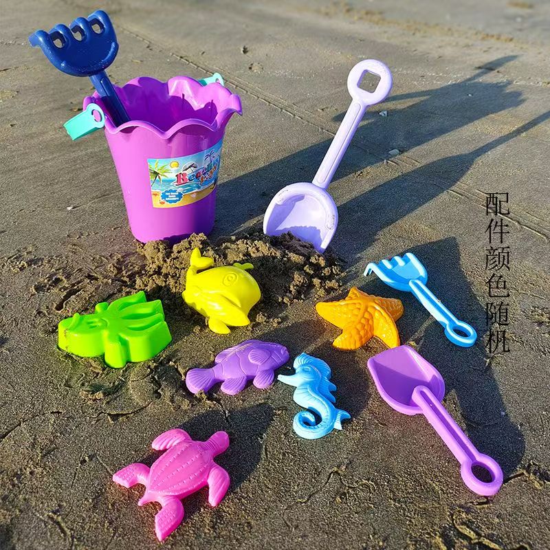 儿童沙滩玩具套装海边玩沙戏水挖沙桶铲子 紫色花边桶11件套