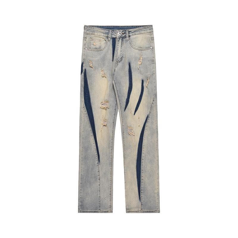耐杰鲨高街水洗黄泥裤子补丁破洞牛仔裤潮牌男女款修身直筒裤显瘦长