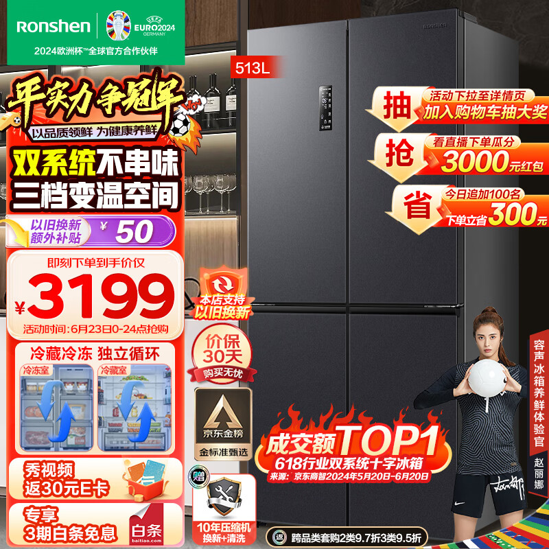容声（Ronshen）【501升级款】离子净味Pro版513升四开门十字对开门冰箱家用一级变频BCD-513WD12FPA双循环除菌