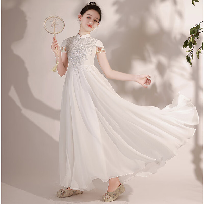 儿童古筝表演服夏季2023新款女童中国风民乐演奏合唱艺考演出礼服 白色 160cm(160cm)