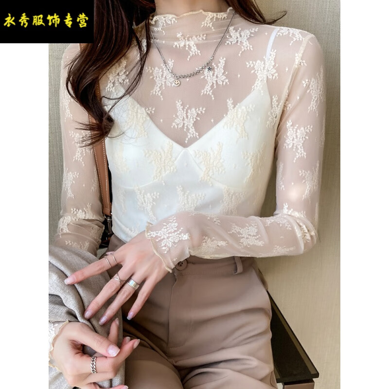德朔木耳边仙气网纱沙打底衫女春夏季长袖t恤性感透视百搭绣花蕾丝雷