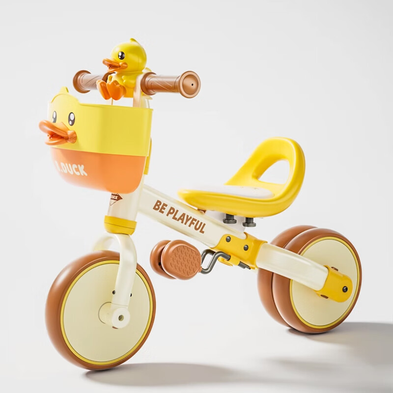 乐的儿童三轮车1-3-5平衡脚踏车轻便自行车宝宝婴儿小孩平衡车多功能 1028L小棕鸭+车铃+车篮