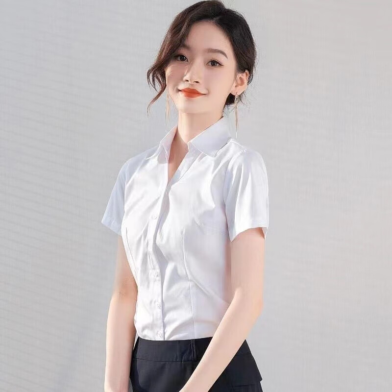 夏季新款高端职业衬衫女修身v领衬衣女上班通勤棉衬衣正装女 白色纯棉