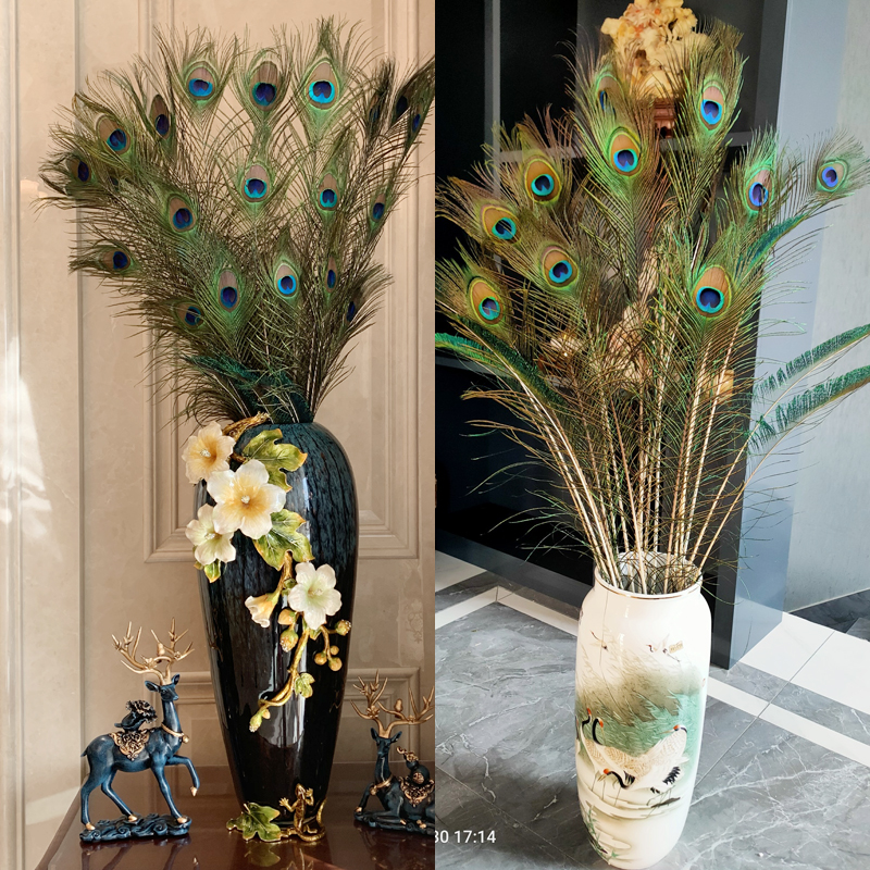 荣弘发家居饰品摆件孔雀羽毛花瓶客厅摆件工艺品孔雀毛真羽毛孔雀翎尾