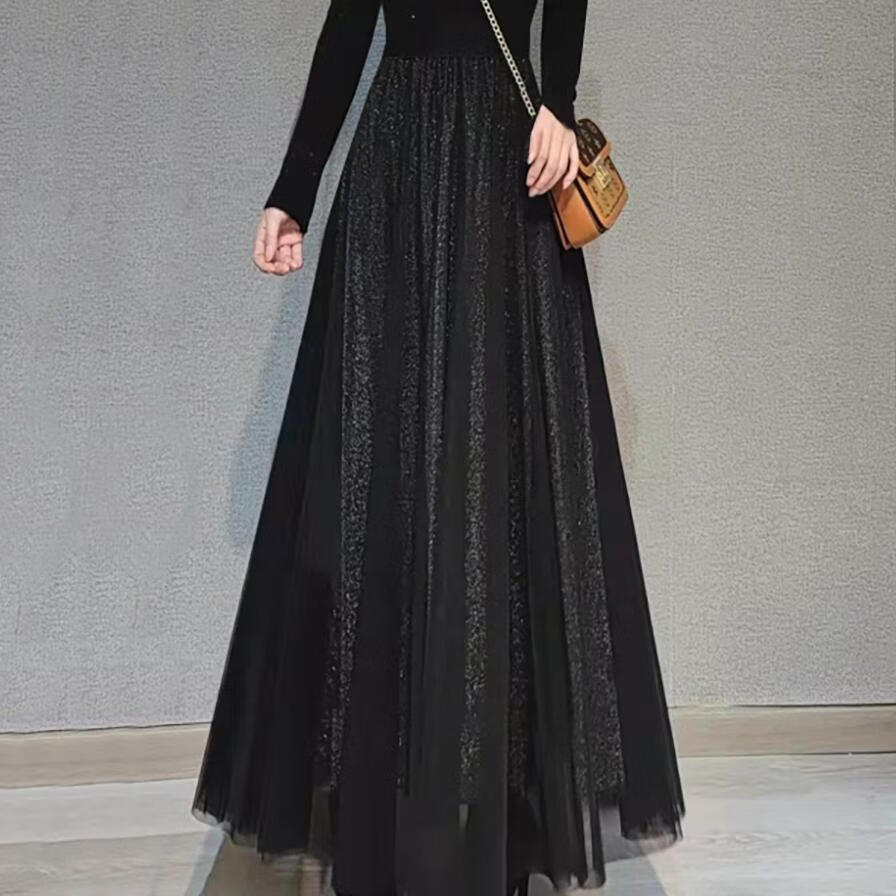 半身裙 冬季百搭秋冬星空高端半裙亮丝垂感显瘦中长款遮肚子 黑纱黑丝