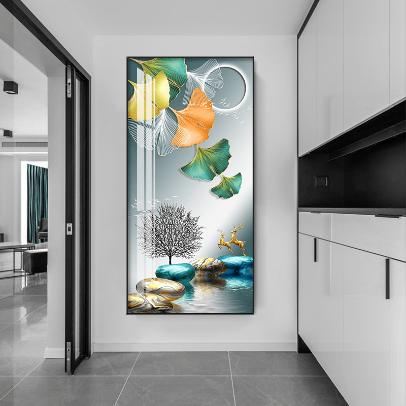 画北欧客厅竖版走廊过道墙壁画现代简约银杏晶瓷镶钻挂画 银杏玄关01