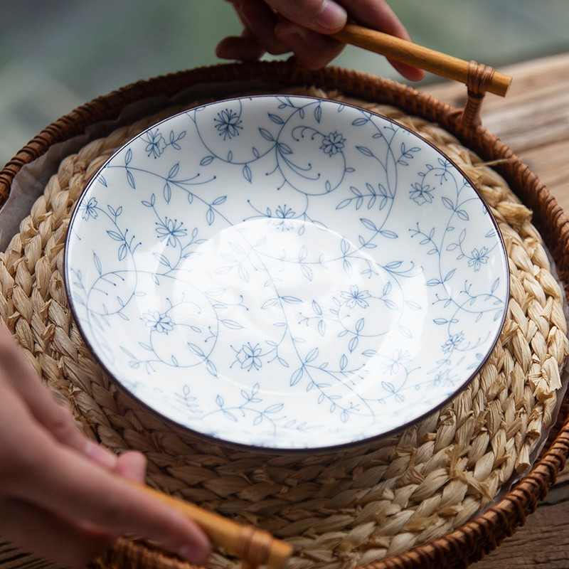 和风四季 日式釉下彩家用餐具餐厅出口日本陶瓷饭碗面碗汤碗圆盘碗碟套装 （花蔓草）7英寸圆盘