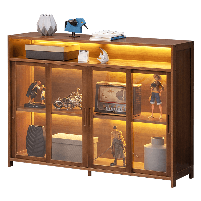 淘之良品 落地置物架货架家用客厅多层加厚带门储物架子阳台卧室宿舍角柜零食玩具乐高杂物层架收纳架茶叶架 【双向移门】茶色-三门86长（透视防尘）