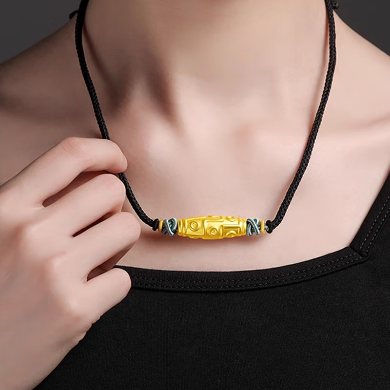 roby老凤凰九眼黄金天珠吊坠999足金情侣长桶珠花纹转运珠项链送女友