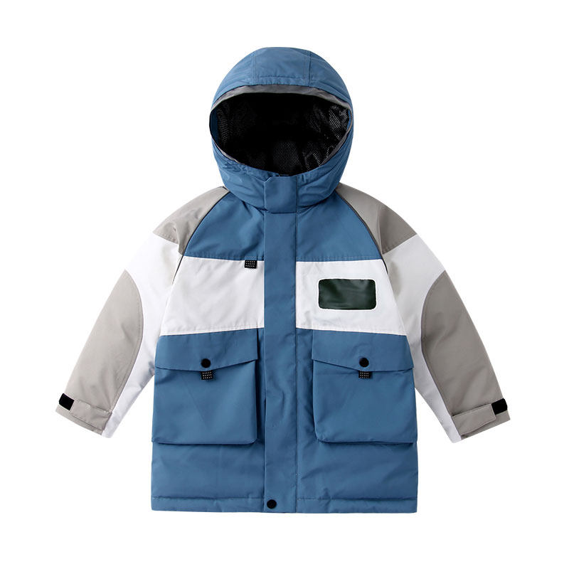 安奈儿男大童装拼色防风白鸭绒中长款工装羽绒服冬款保暖外套 水光蓝