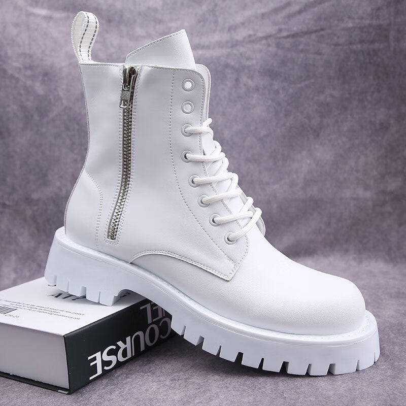 鹤屿白色马丁靴男春季韩版厚底高帮靴子男内增高切尔西靴套脚中帮短靴