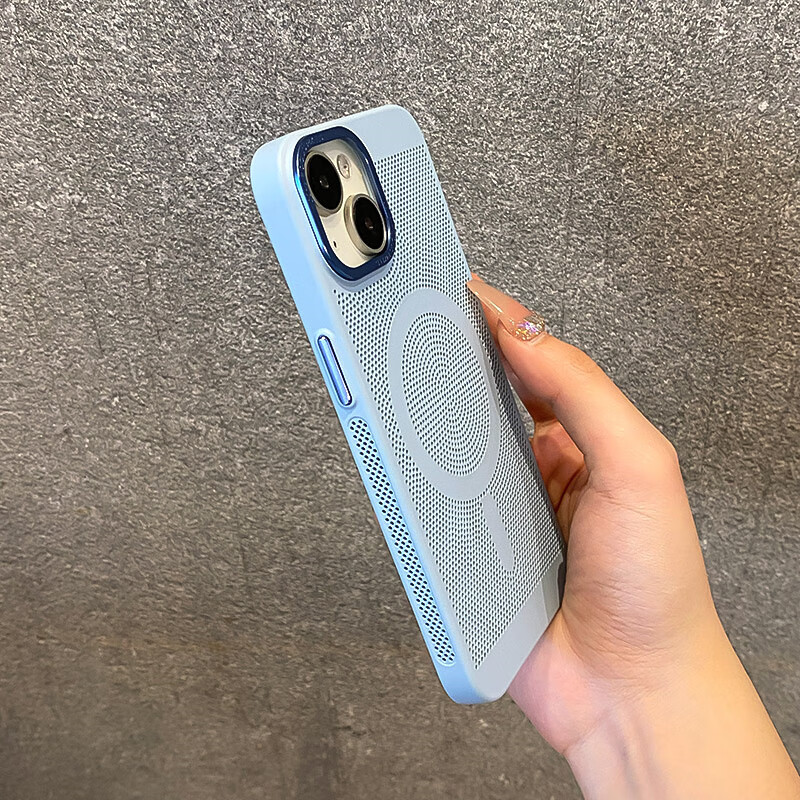 韵宁 magsafe磁吸夏季透气散热适用iphone16手机壳苹果14promax防摔12pro高级感11男女新款无线充电 【远峰蓝】磁吸散热-大孔金属镜头框 iPhone16ProMax