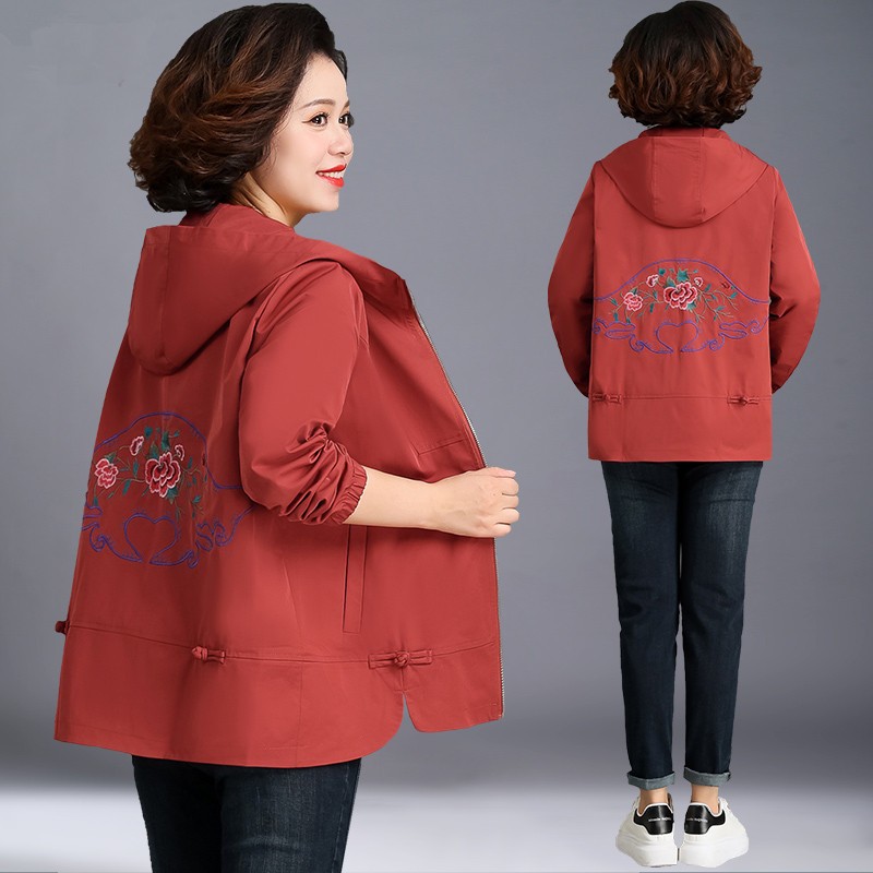 女装胖妈妈春装加肥加外套中年女春秋上衣绣花洋气 高品质外套红色 m